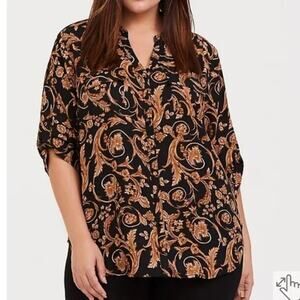Torrid Madison Black Ornate Georgette Button Front Blouse Size 3 3X Roll Up Slee